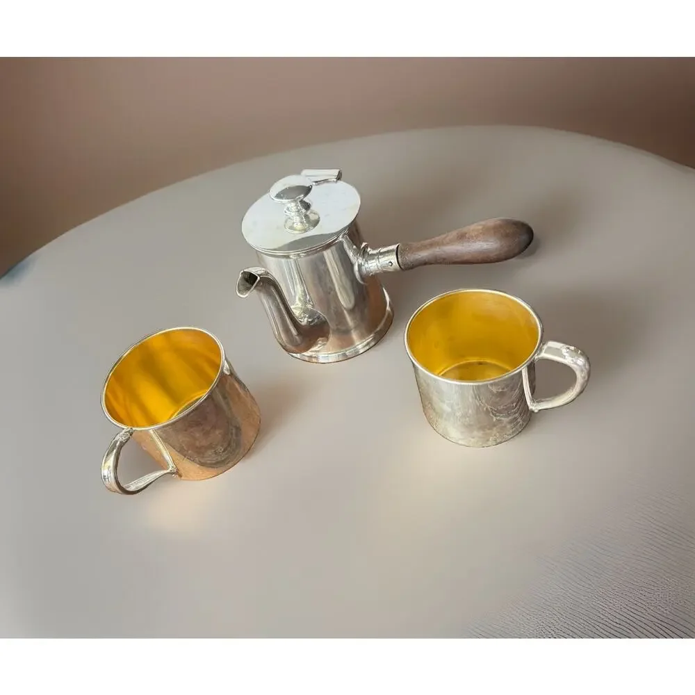 Vintage Wilcox Silver Plate Coffee Pot Wm Rogers Gold Wash Cups 3 Piece Set